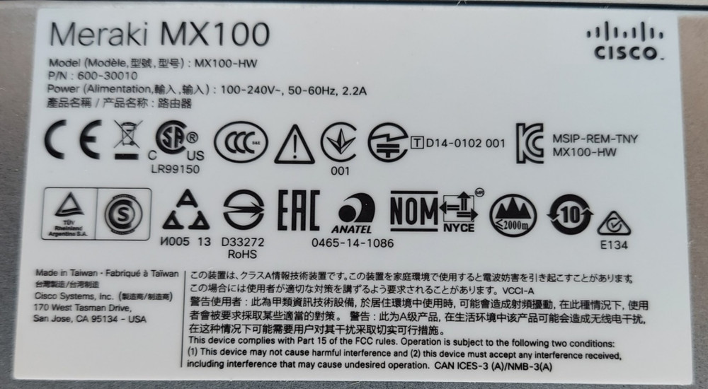 Cisco Meraki MX100 Cloud Managed Security Appliance (MX100)