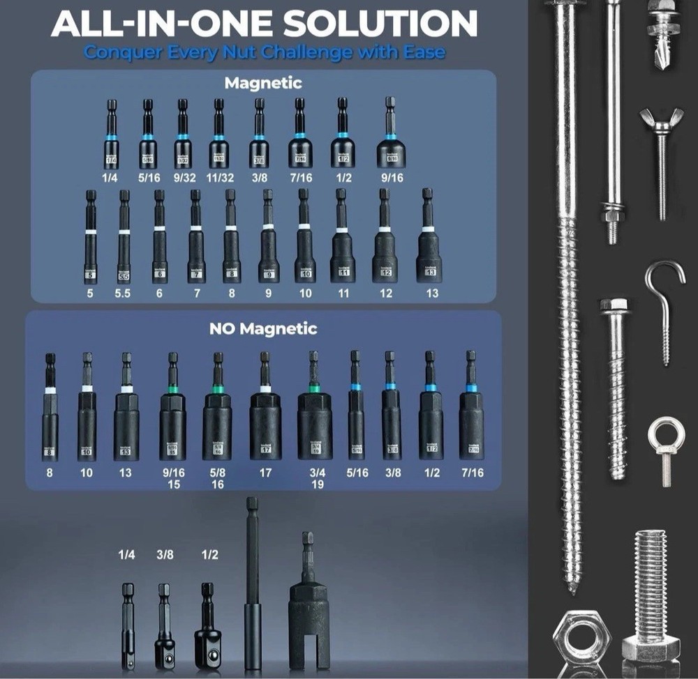 Toolant Magnetic Nut Driver Set SAE Metric Impact Drill Socket Bit Set w Case