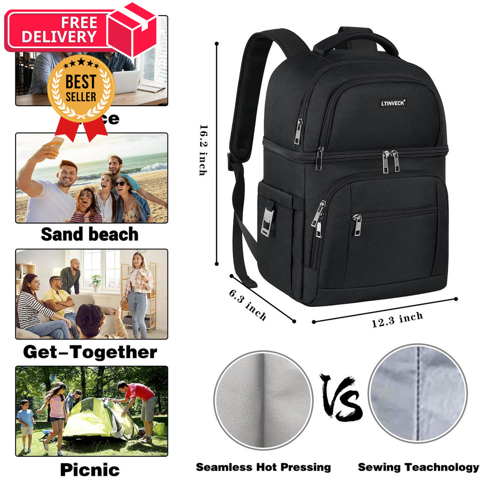 Cooler Backpack,Insulated Backpack Leakproof Double 30 cans, Black