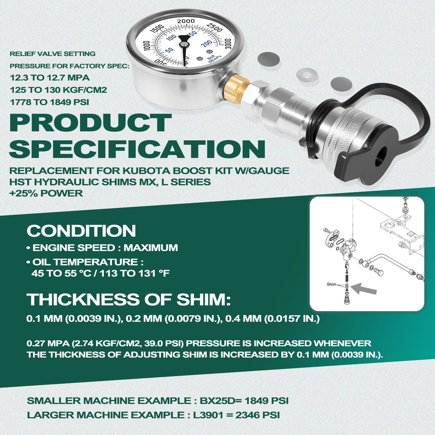 for KUBOTA B (2016 and Older BX) Pressure BOOST kit W/Gauge Hydraulic Shims +25%