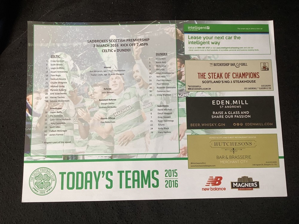 2015/16 Celtic v Dundee March teamsheet