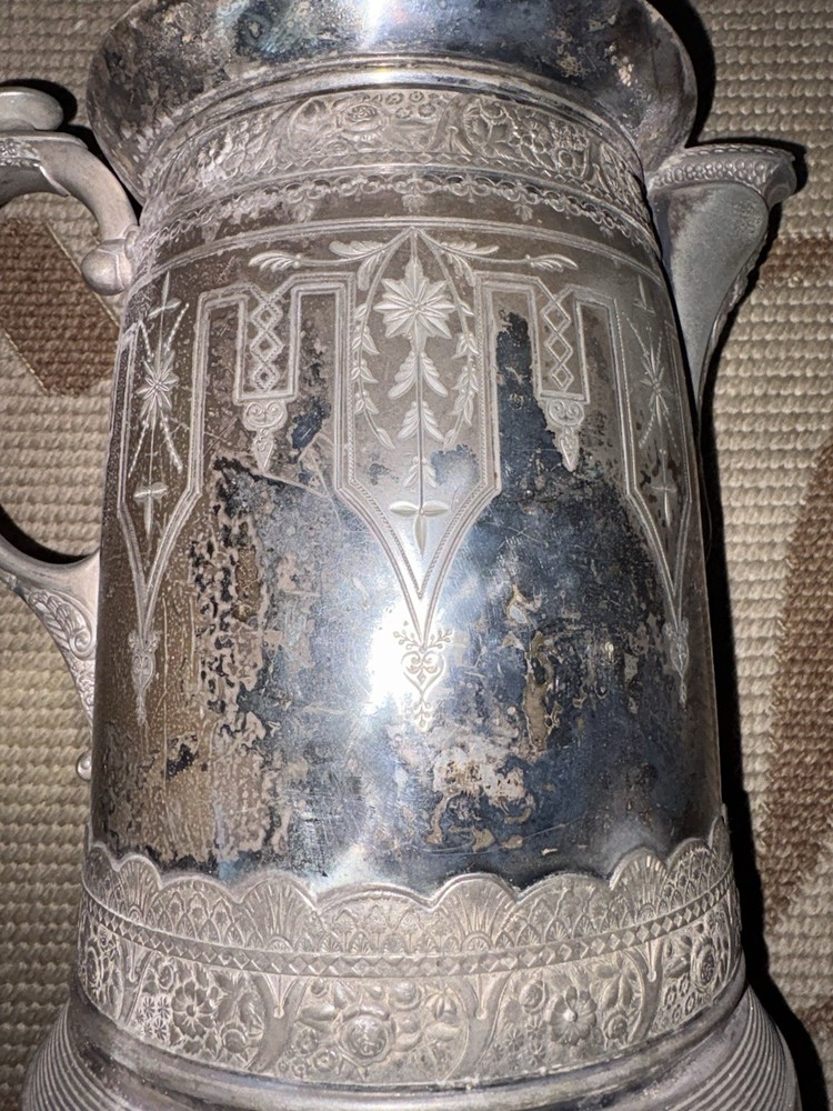 Victorian Silverplate Pitcher Ornate Floral Ceramic Lined Hinged Lid