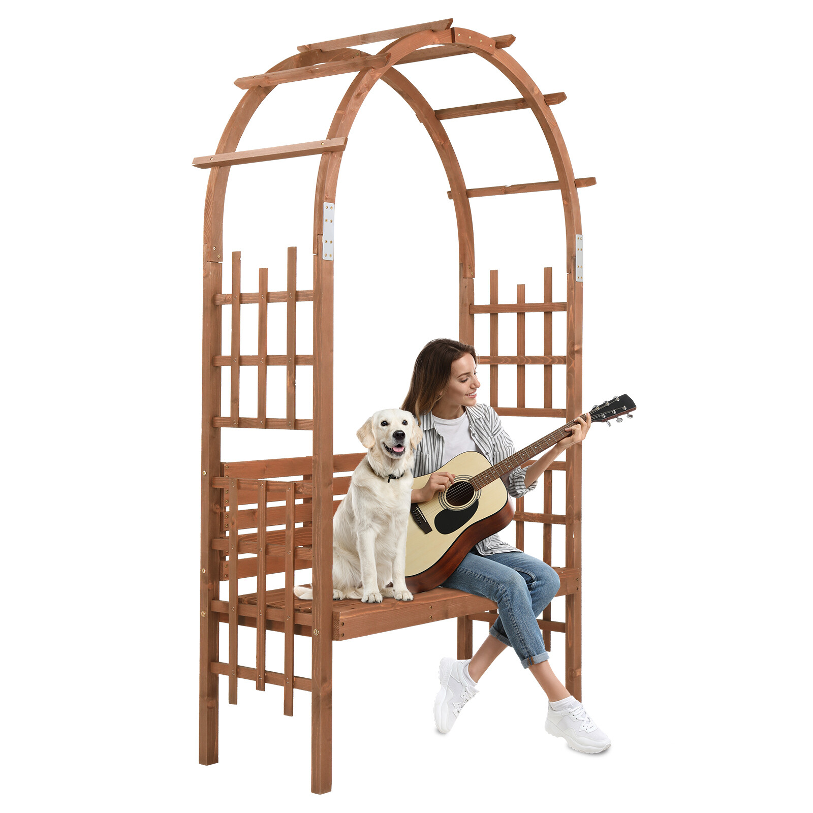 6.8FT Wooden Arch with Bench Garden Arbor Trellis for Climbing Plant Dark Brown