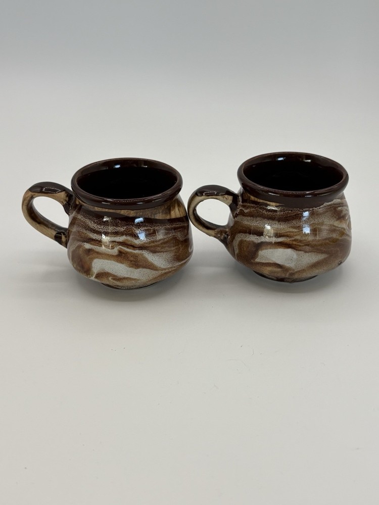 Drip Glazed Mugs Brown And Cream Signed