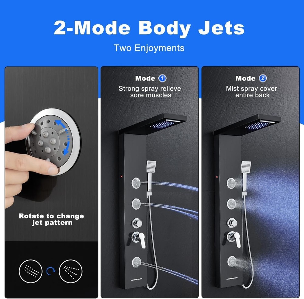 Multi-Function LED Lights Shower Panel System Black, 5 in 1 Shower Panel Include
