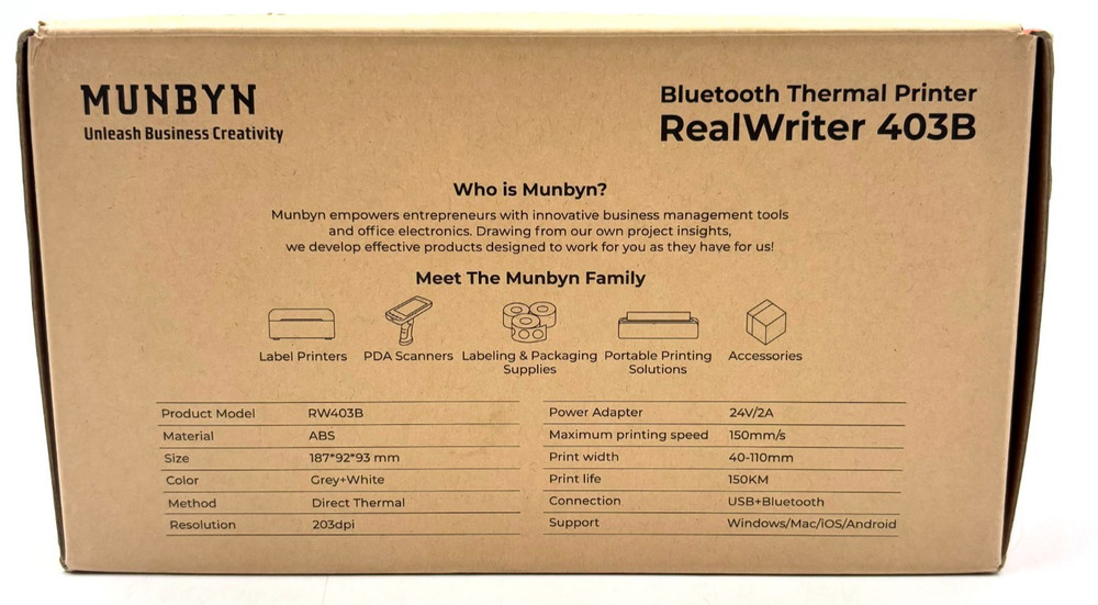 MUNBYN RealWriter 403B Bluetooth Wireless Thermal Printer - White