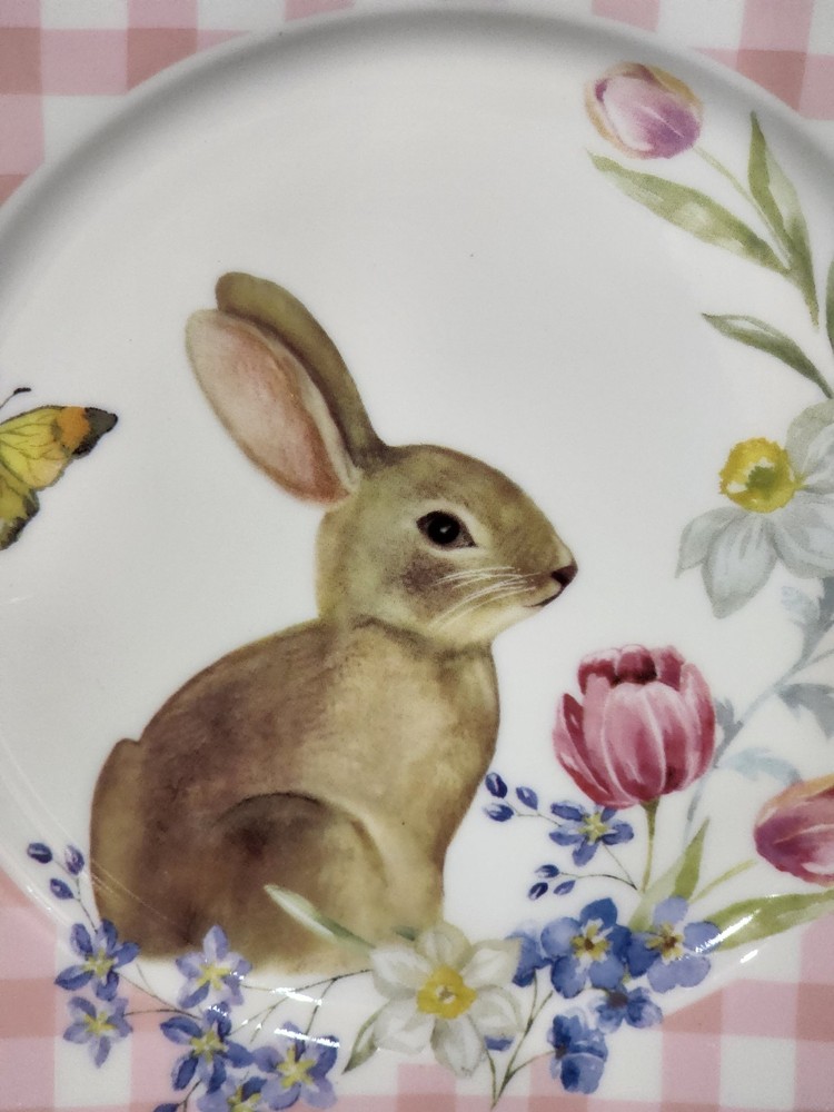 3pc Easter Bunny Pink Gingham 2-Tier Serving Tray Cookie Stand & 2 Salad Plates