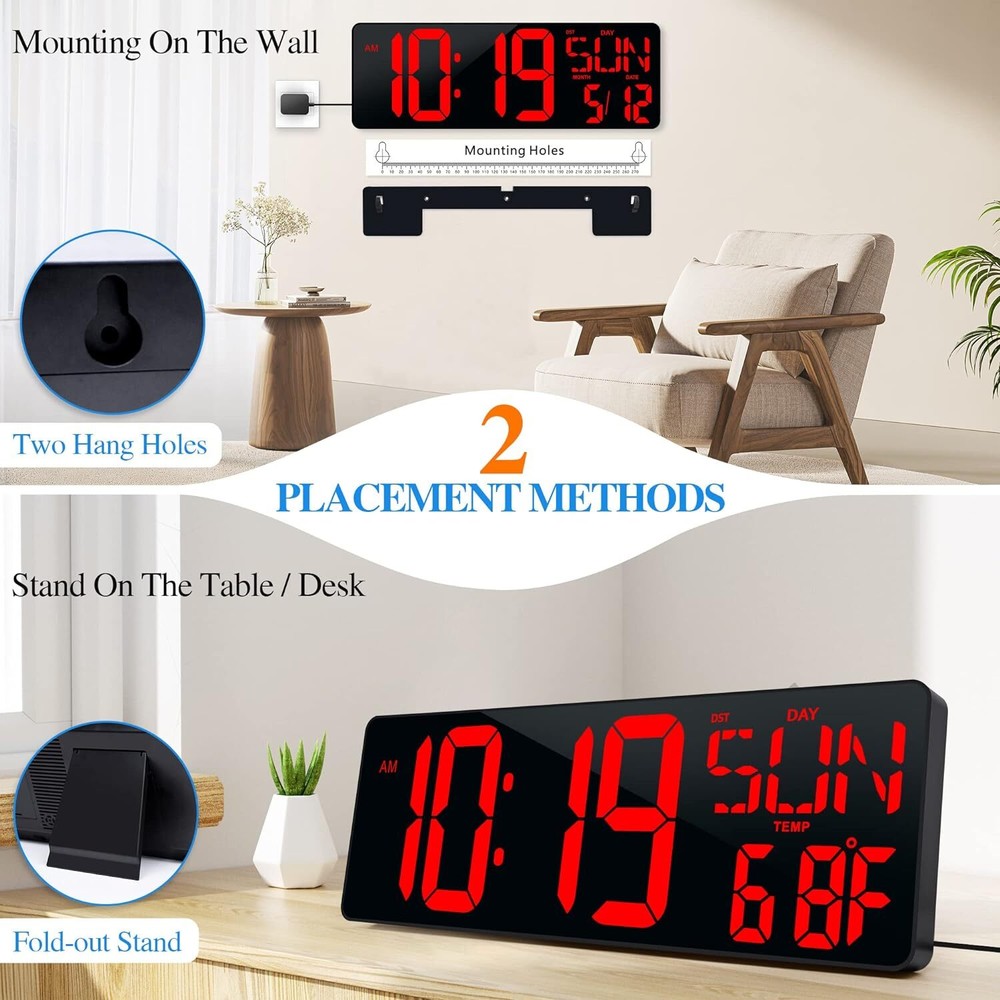 17.2" Large LED Digital Wall Clock w/ Remote Control &Auto-Adjustable Brightness