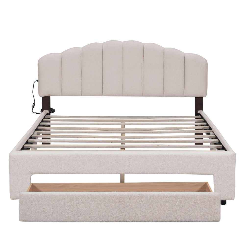 Queen Size Bed Frame Upholstered Platform Bed Frame w/ Headboard & Drawer Beige