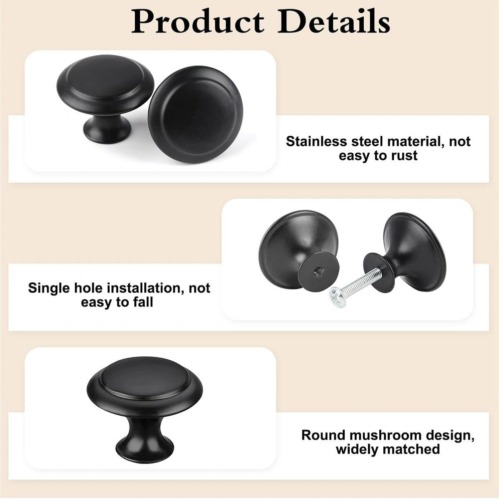 10-100 Pack Matte Black Kitchen Cabinet Knobs Round Drawer Pulls Stainless Steel