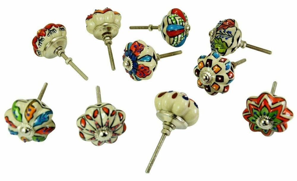 Indian 10 Pc Painted Colorful Cermic Door Knobs Pull Handles Cabinet Hand