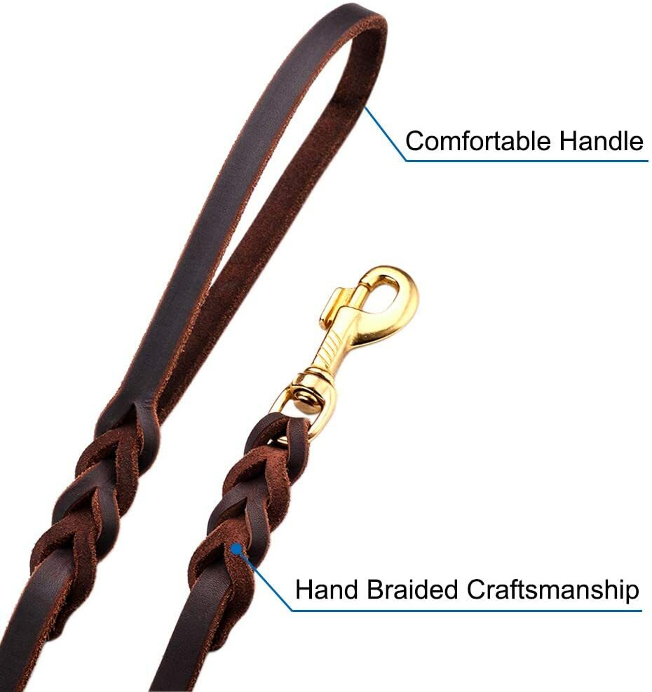Genuine Leather Dog Leash Braided Heavy Duty Training Lead for Medium Large Dogs