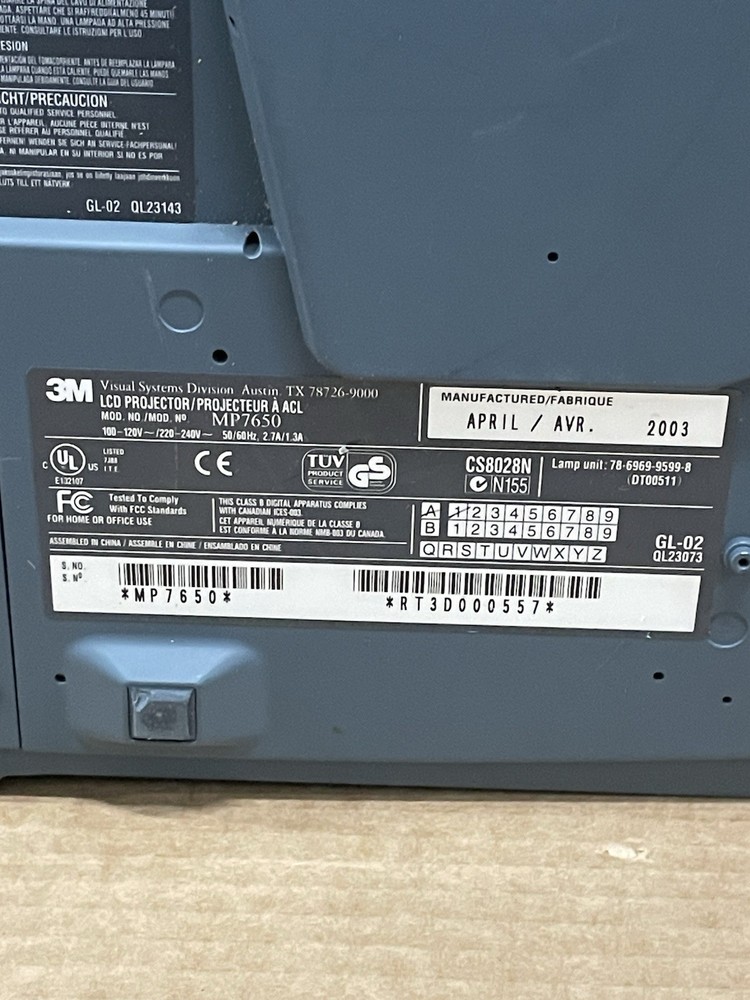 3M MP7650 Projector (Untested) No Cords