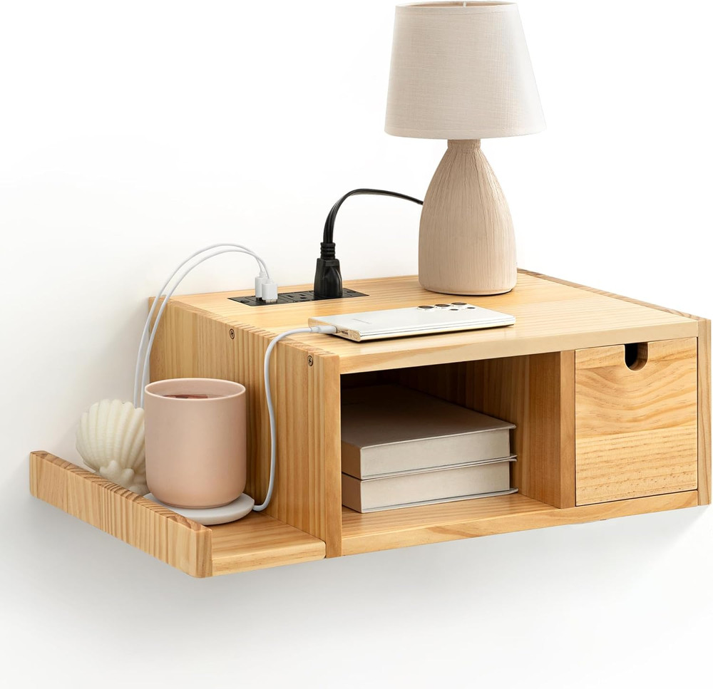 Modern Floating Nightstand with Charging Station & Drawer - Solid Wood Design