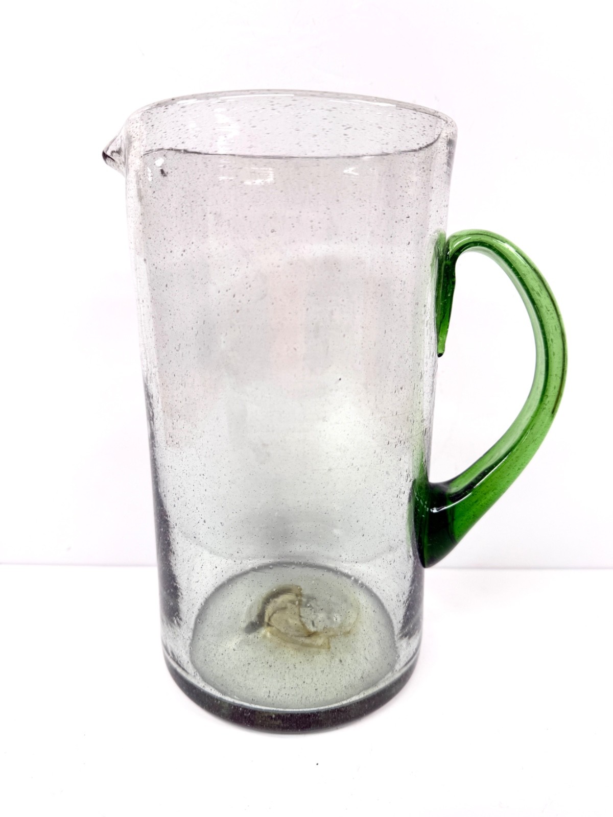 Recycled Art Glass Mexican Hand Blown Margarita Pitcher Green Handle Bubbles
