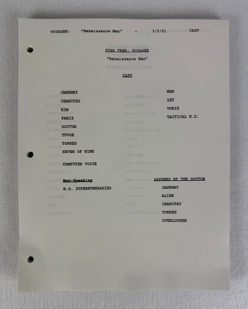 Star Trek Voyager “Renaissance Man” Final Draft Original Studio Script 03/05/01