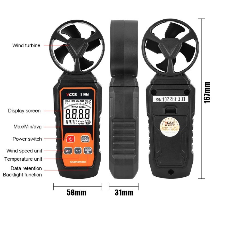 VC816M Anemometer and Wind Direction Meter, Handheld Digital Airflow Meter