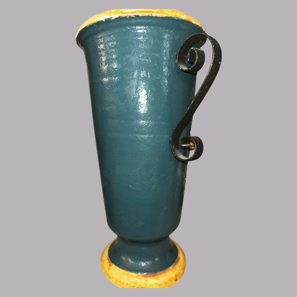 LYONS POTTERY DOUBLE HANDLED VASE Navy Blue With Fruit Pears 11 1/4”