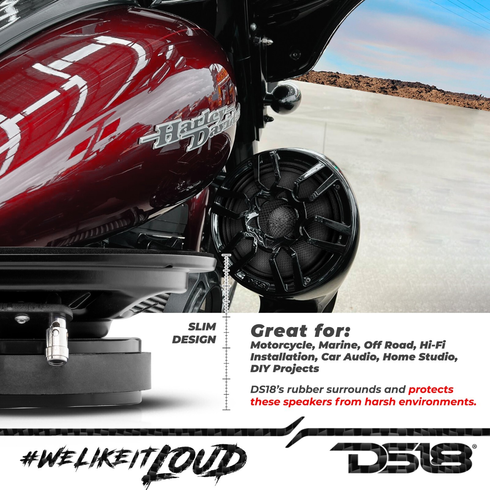 DS18 PRO-CF6.4SL 6.5" Slim Motorcycle Speaker 250W Carbon Fiber Water Resistant