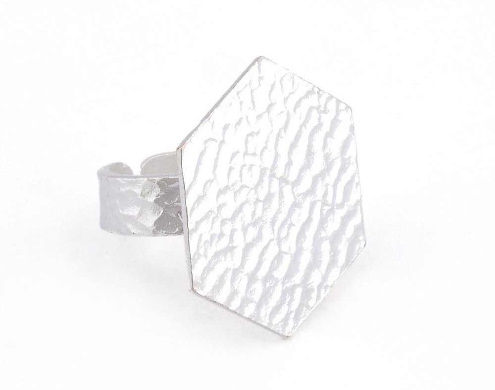 Hexagonal Hammered Adjustable Ring Blank-Shiny Silver Plated Brass 4952