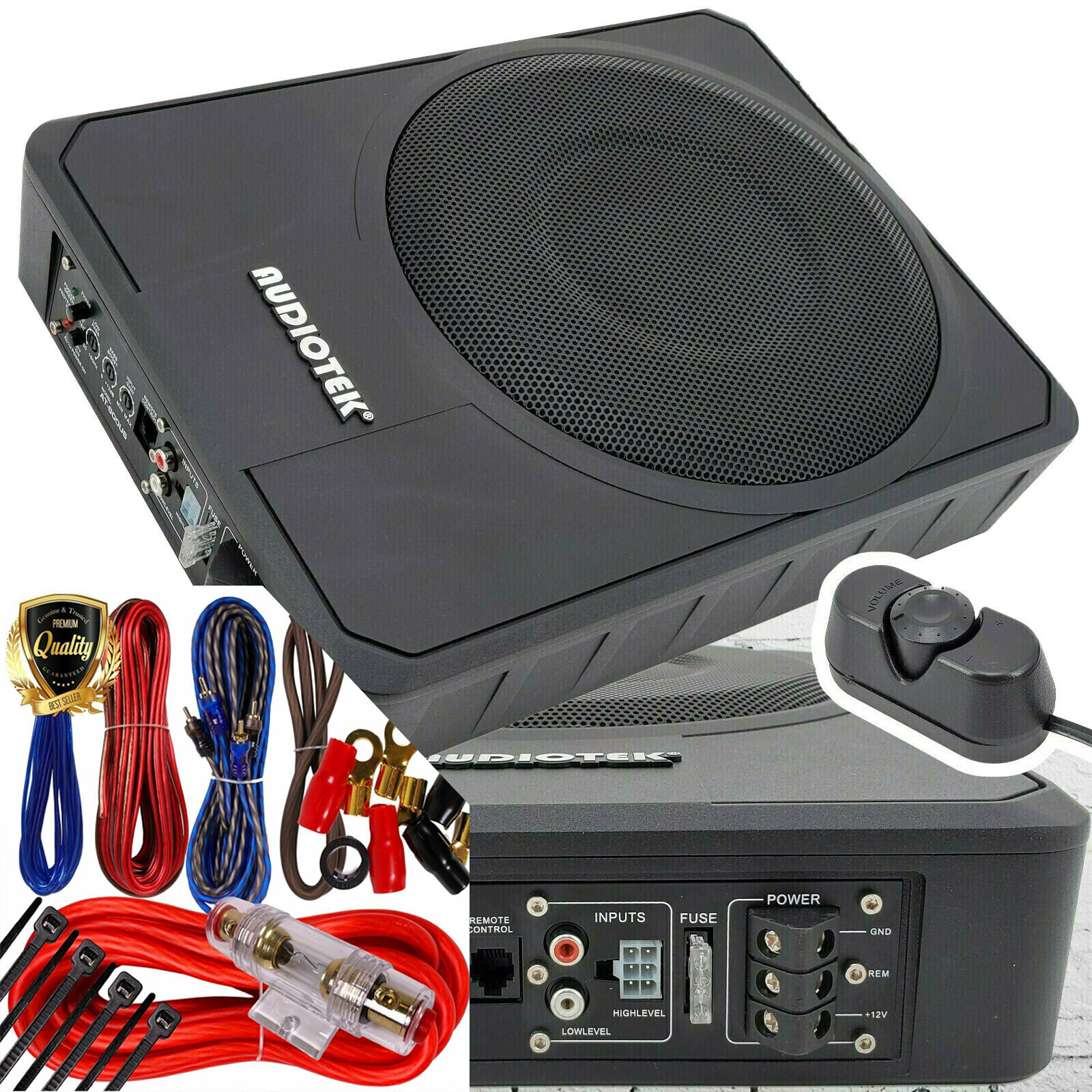 Audiotek 1000w 10" Compact Car Under Seat Powered Subwoofer Super Slim with KIT