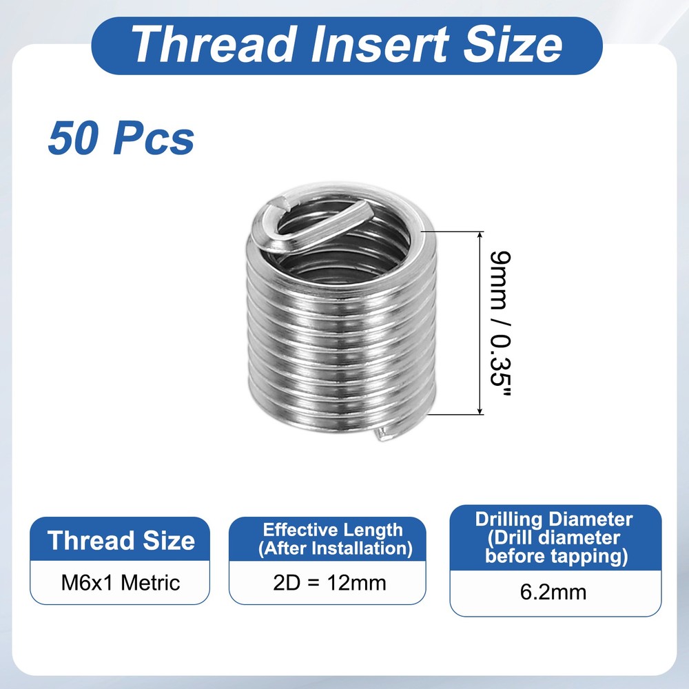 50pcs Wire Thread Inserts M6x1 Metric 2D 12mm Helical Threaded Sleeve