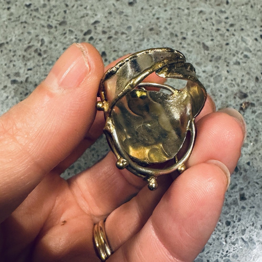 Blue stone artisan abstract adjustable, scroll wrap metal work copper/brass ring