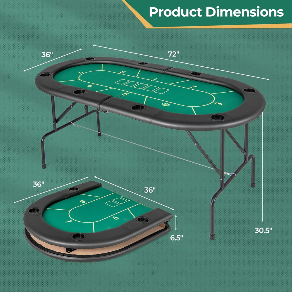 72" Poker Table Foldable, 8 Player Folding Card Board Game Table W/ 8 Cup Holder