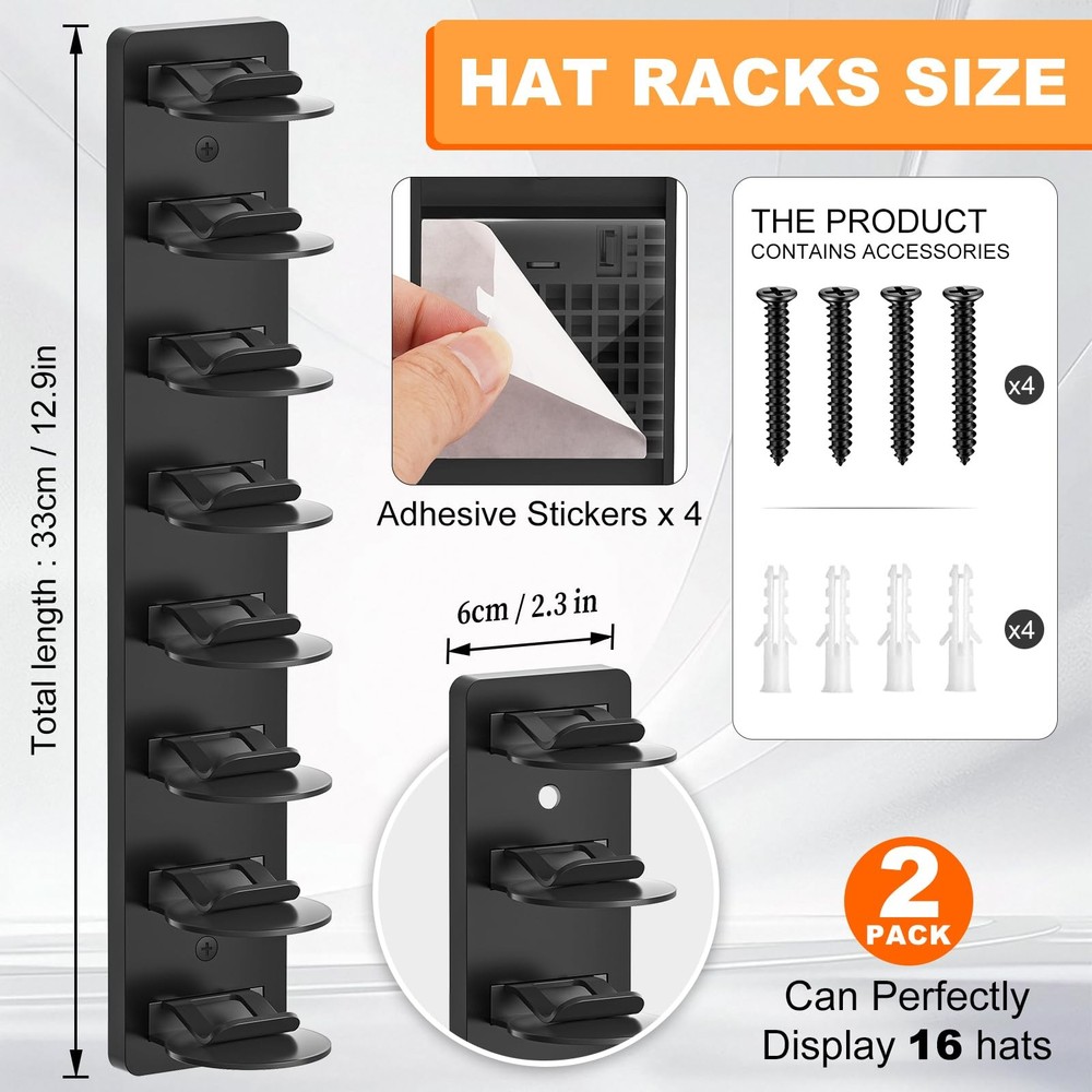 2 Pack Hat Organizer for Baseball Caps, Hat Rack for Wall, Strong Adhesive & ...