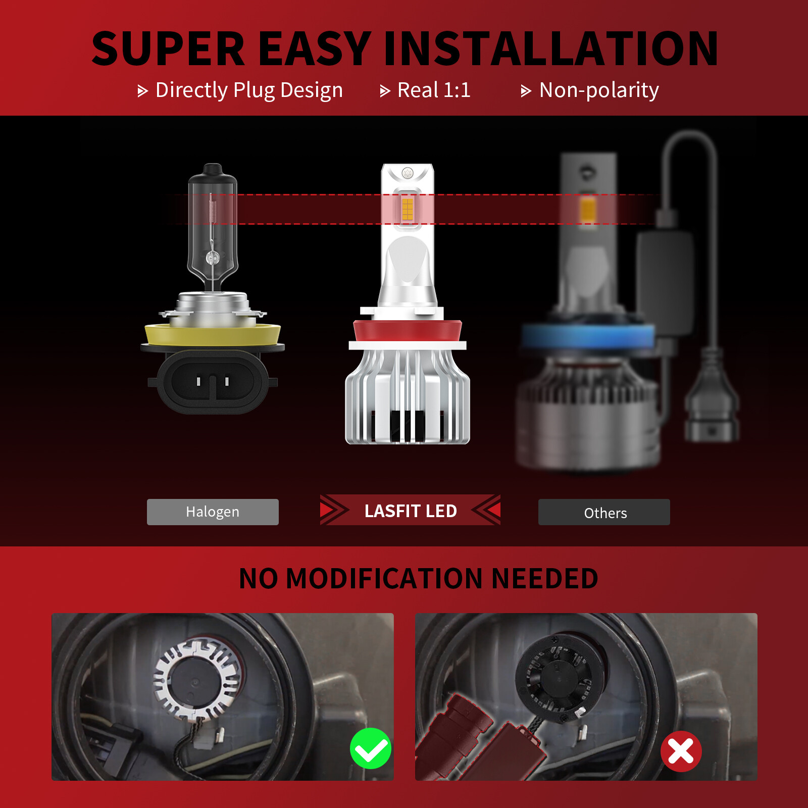 2x LASFIT H11 LED Headlight Bulbs Conversion Kits Low Beam 6000K Bright White