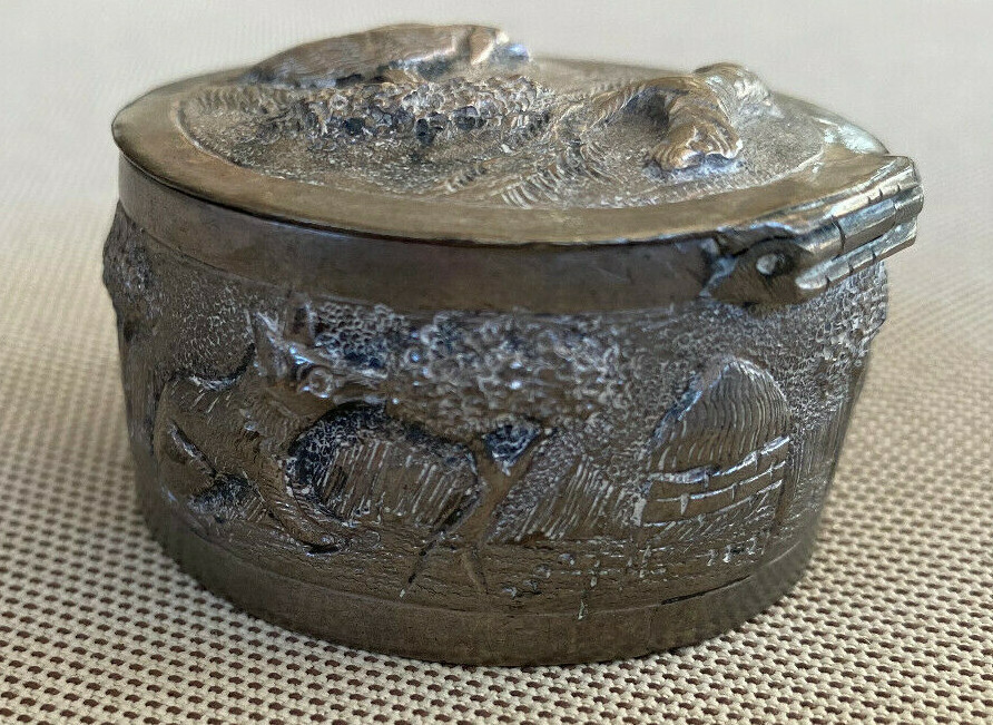 Antique Repousse Silverwork Trinket Patch Box Animals Trees Round Handmade