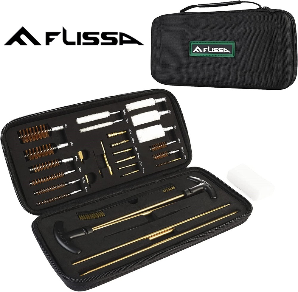 Flissa 33 PCS Gun Cleaning Kit with Solid Brass Rods, Brushes, Mops, Jags, Case