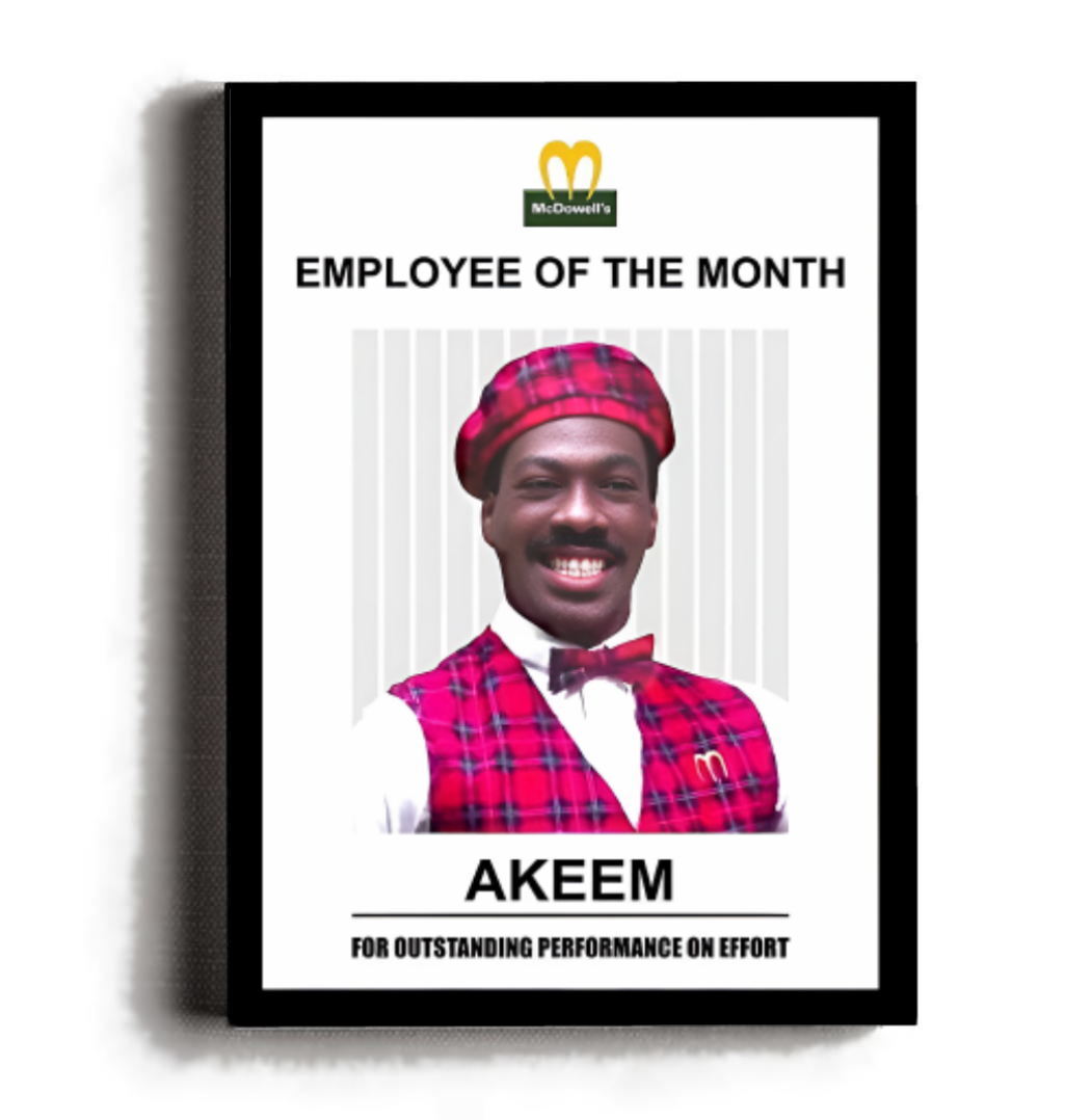 Framed Coming To America Akeem Employee of the month Photo Eddie Murphy. QUALITY