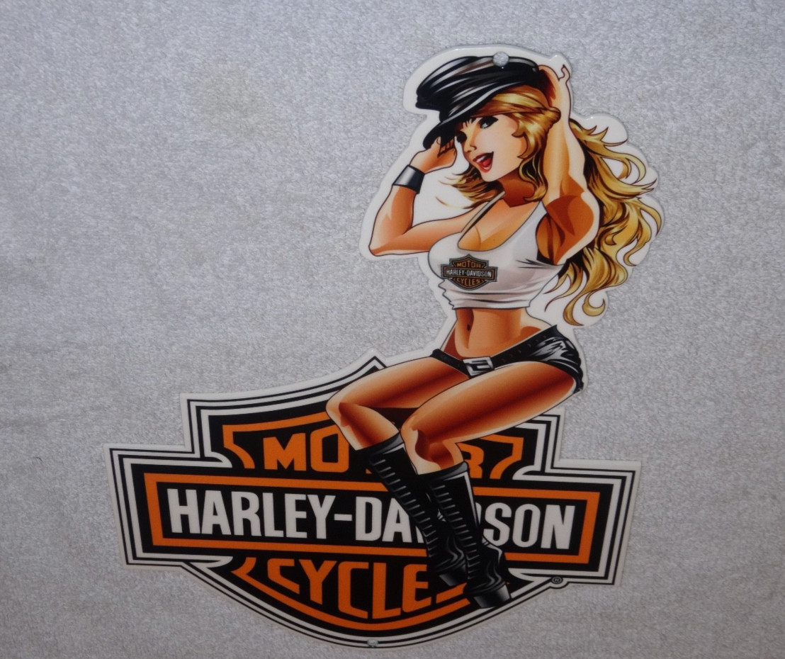 VINTAGE HARLEY DAVIDSON MOTORCYCLE WOMAN 👩 12" MOTOR CYCLE GASOLINE & OIL SIGN