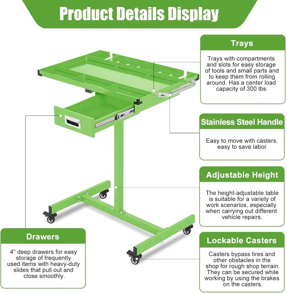 220lbs Tear Down Tray Mobile Work Table Capacity Rolling Tool Table with Drawer