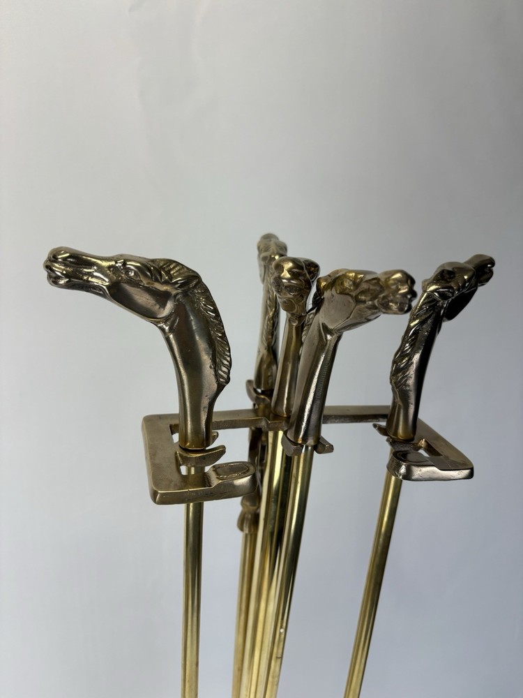 Vintage Solid Brass Equestrian / Horse Head 5pc Fireplace Tool Set