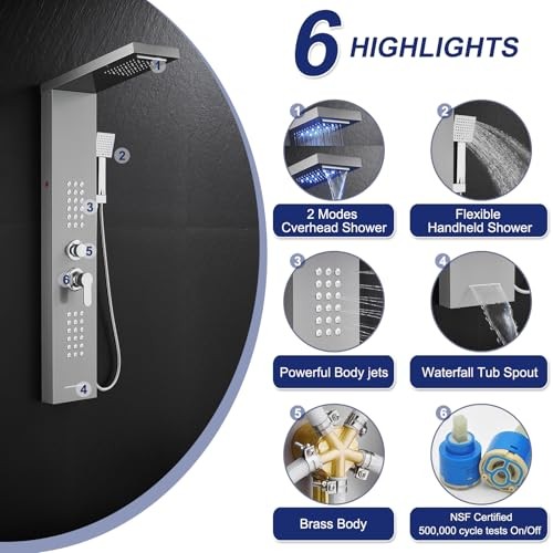 LED Shower Panel Tower System, Rainfall Waterfall 5 Modes-Brushed-2 Jets