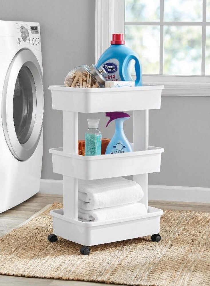 3-Tier Plastic Rolling Laundry Cart, Arctic White