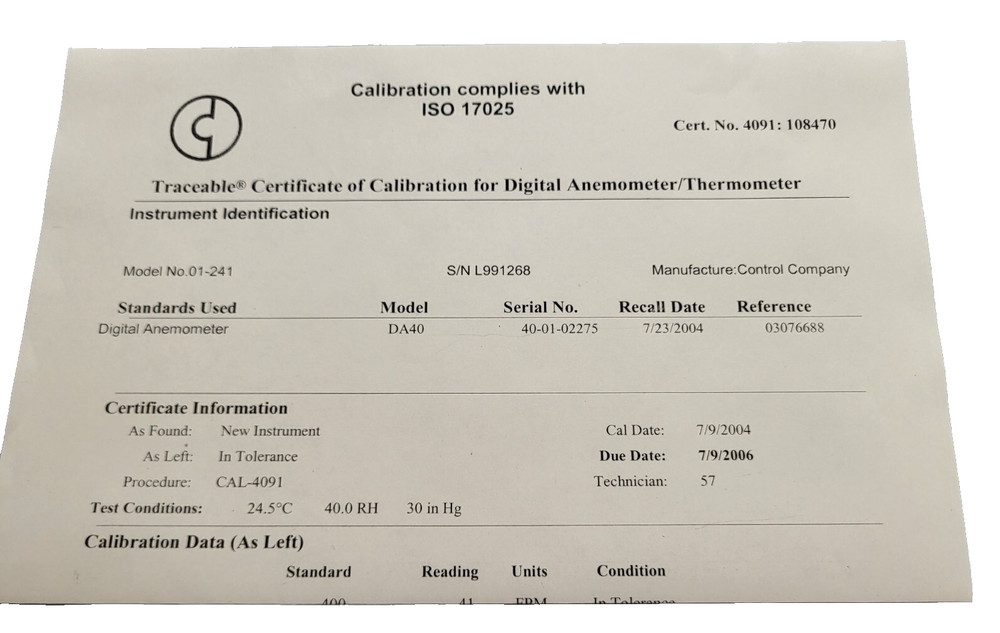 Fisher DA40 Handheld Traceable Digital Anemometer + Case & Probe - Tested
