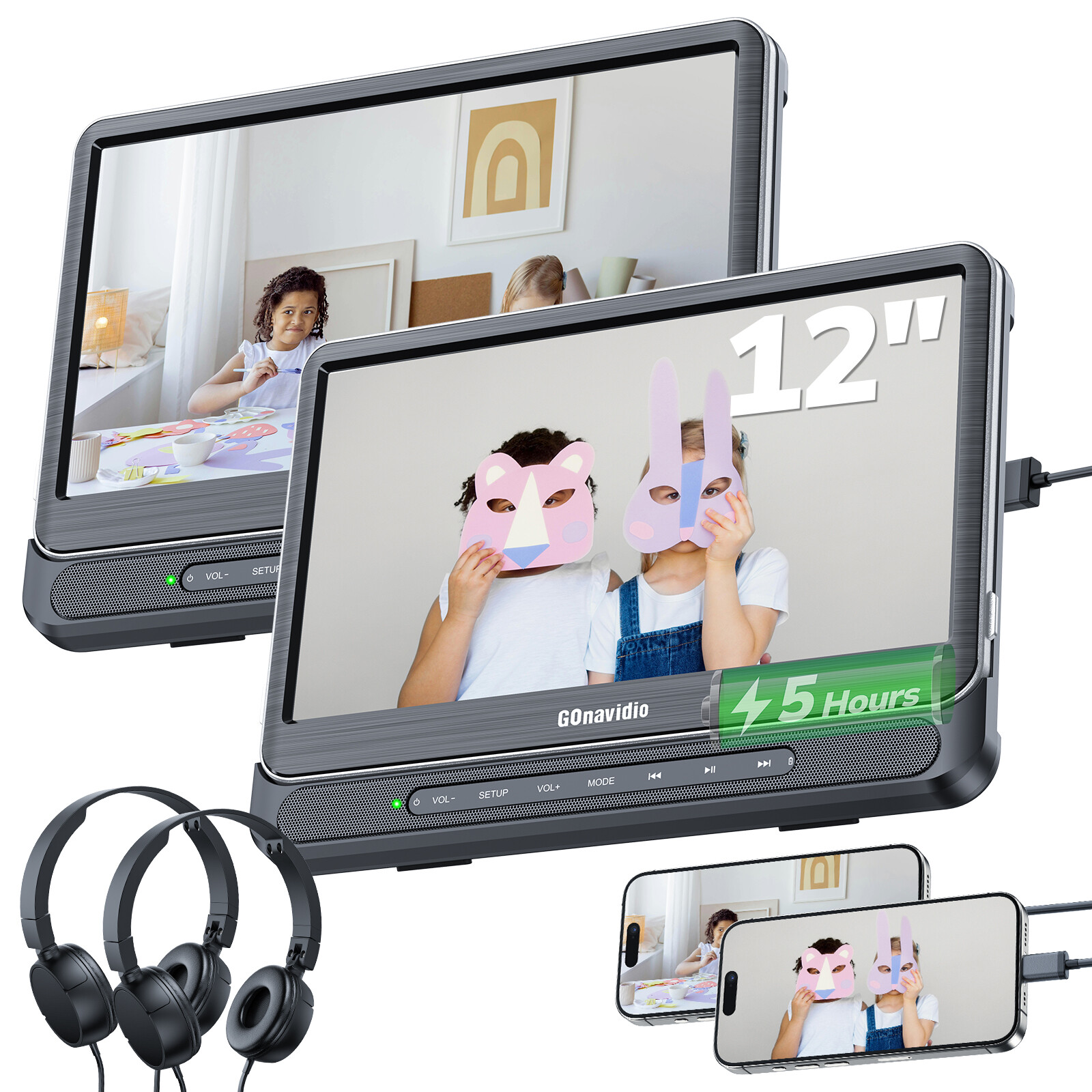 2 x 12 Inch Full HD Car Headrest Monitor TV DVD Media Player USB SD W/ Headsets[