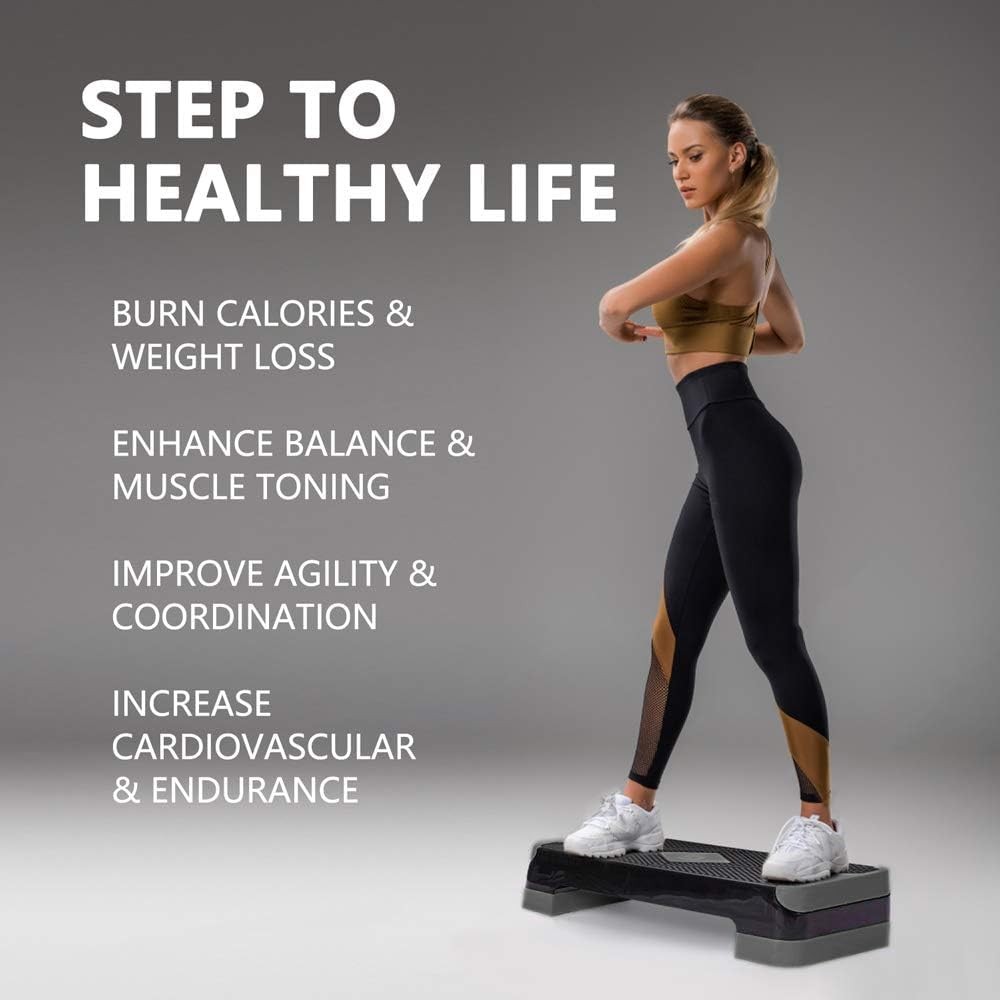 Adjustable Workout Aerobic Stepper, Aerobic Exercise Step Platform with 2 Ris...