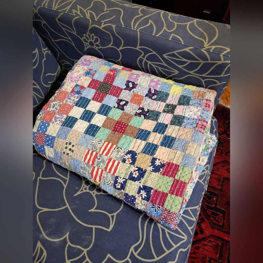 Vintage Postage Stamp Patch Quilt with Floral Backing