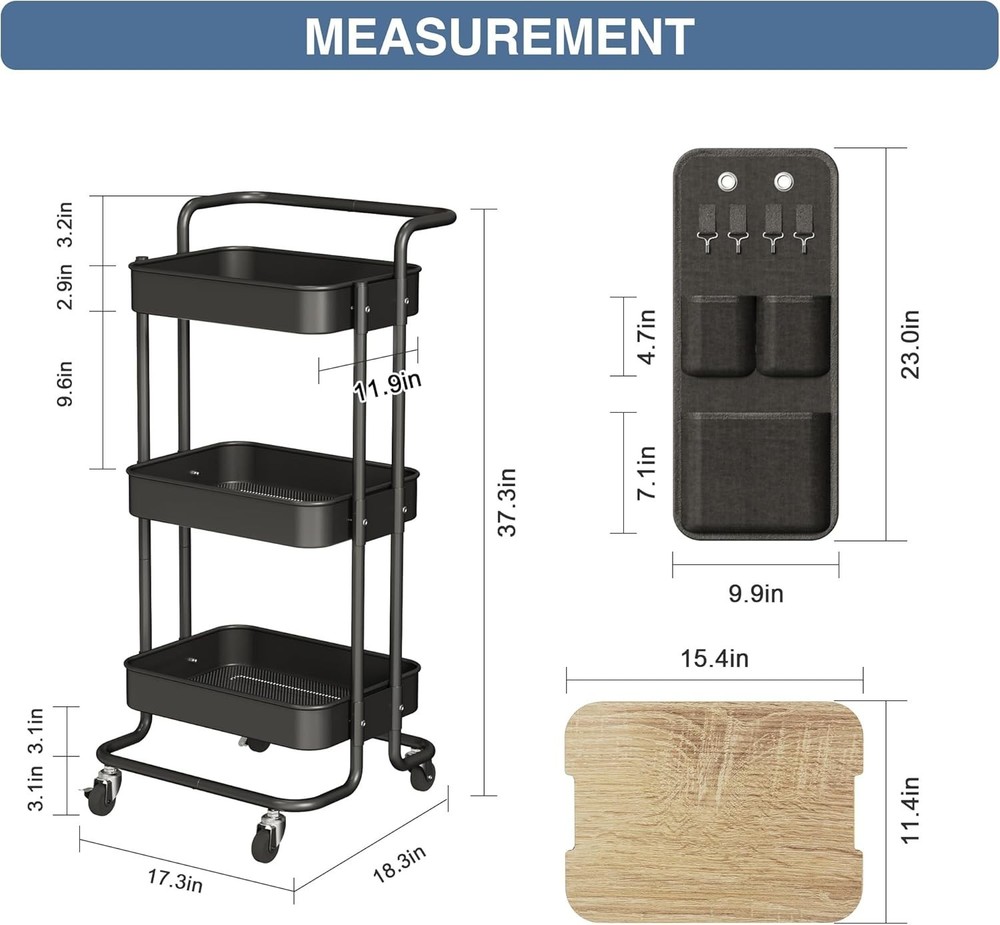 Versatile 3 Tier Rolling Cart - Metal Storage with Table, Hooks & Wheels