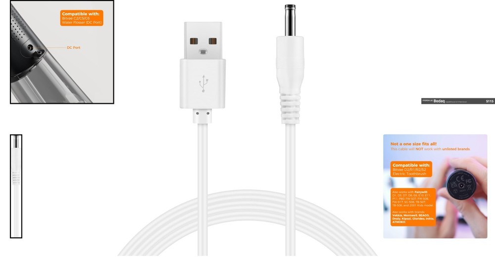 Compact USB Charging Cable for Bitvae & Compatible Oral Care Devices, White