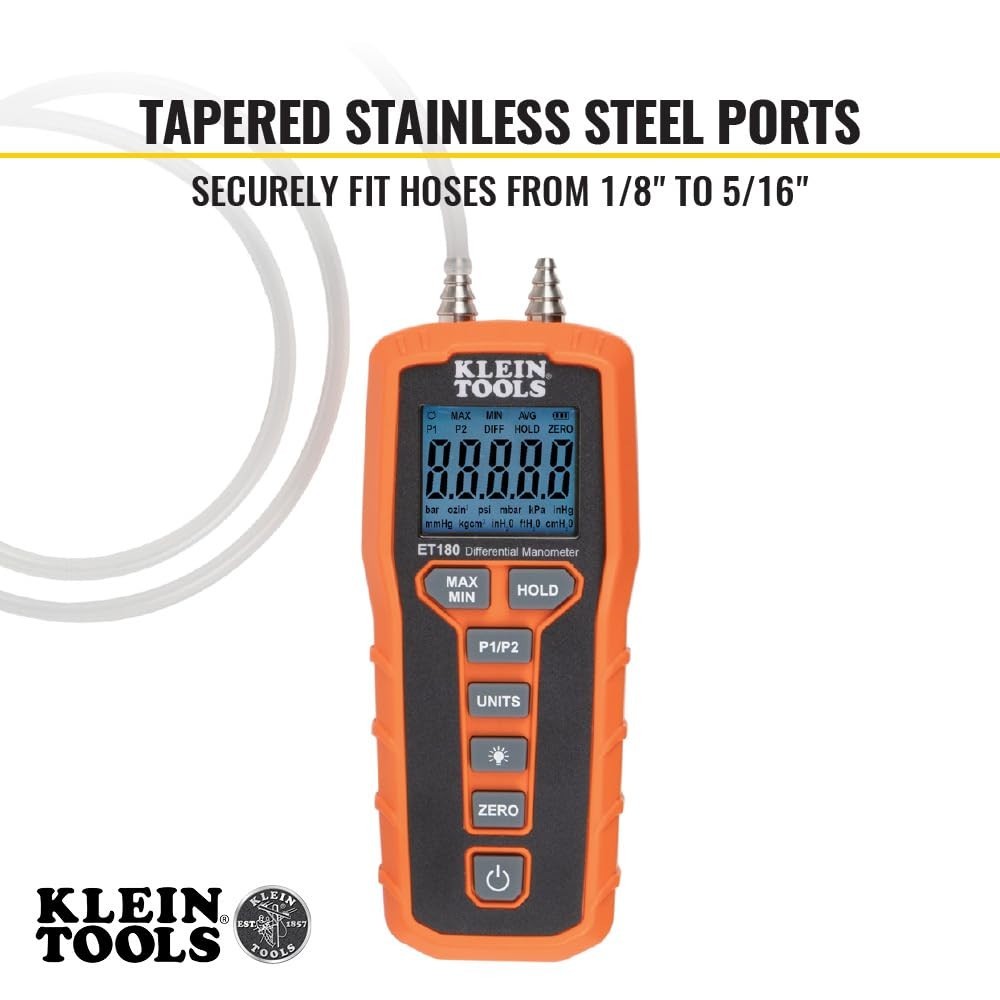 Compact Differential Digital Manometer - Large Backlit Display for Easy Readings