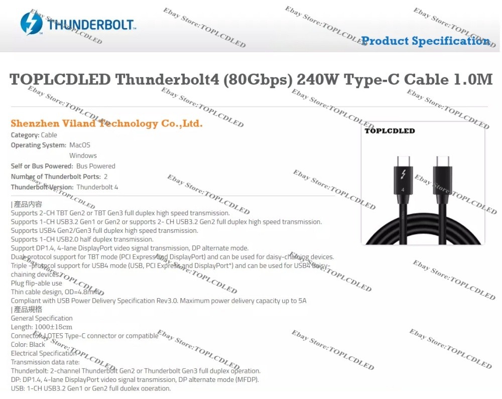 Fast Charging&Data Cable 80Gbps PD 240W 8K Wire Thunderbolt 4 3 USB 4.0 Type C-C