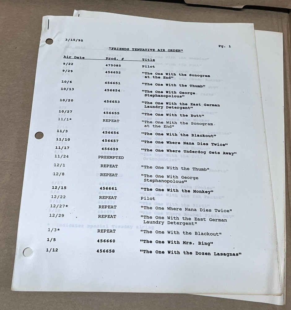 1994 Friends TV Sitcom Pilot Episode Original Script & Schedule Kauffman Crane