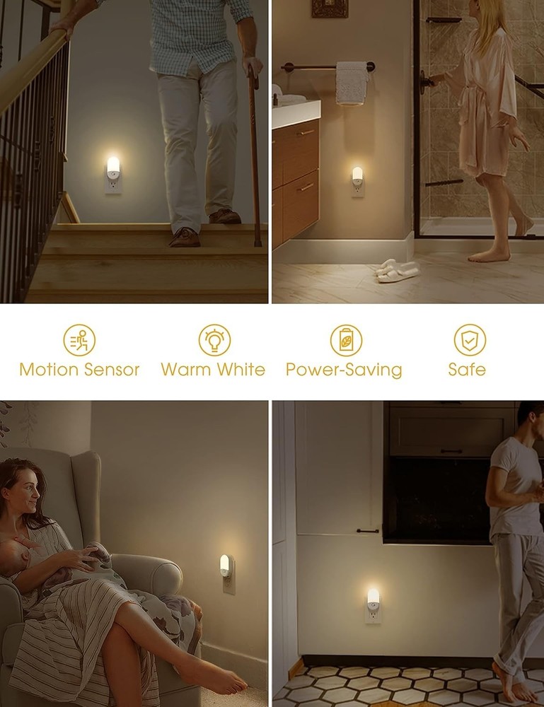 LED Motion Sensor Night Light Plug-In Auto On Off Warm White Adjustable 2 Pack