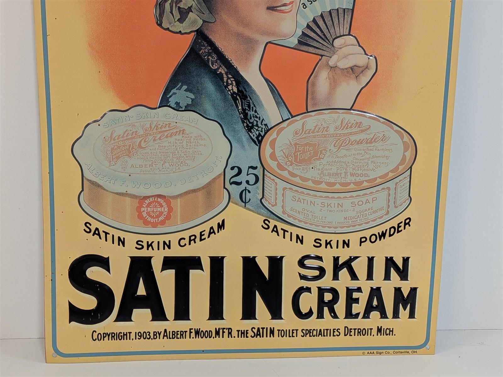 Satin Skin Powder & Cream Albert Wood Detroit 16-3/4" Tin Sign