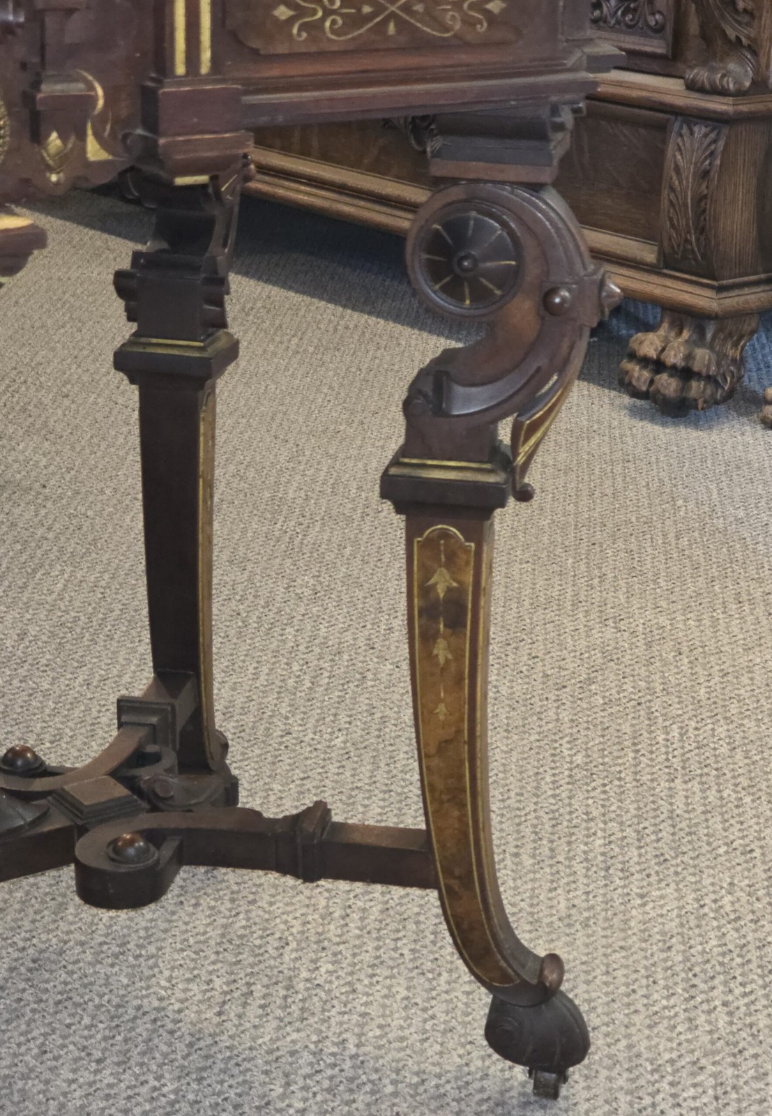 Antique Victorian Renaissance Revival Parlor table with framed Brown Marble top